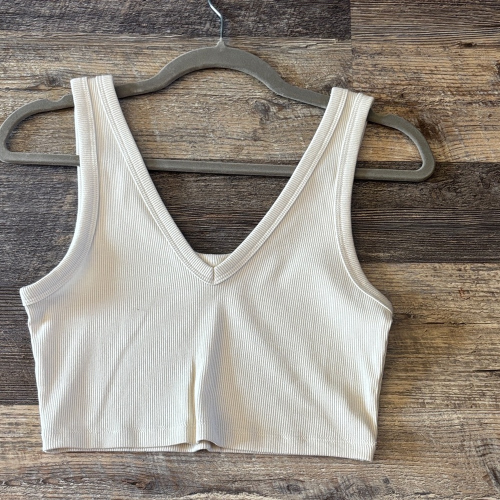 Cream Ribbed V-Neck Crop Top